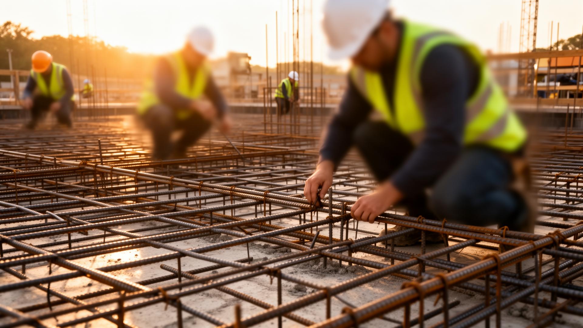 Doctor Rebar crew tying a foundation grid at sunset