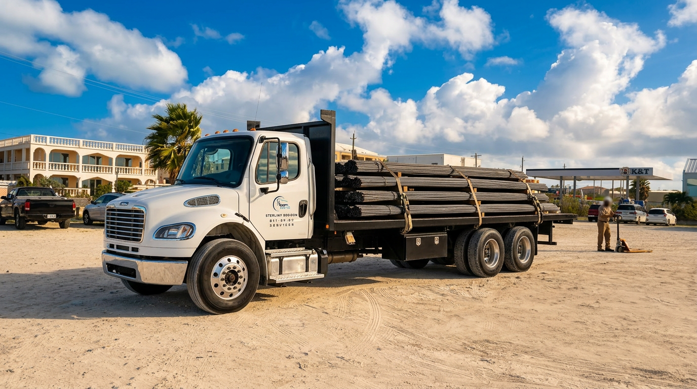 Doctor Rebar flatbed delivery truck loaded with grade 60 rebar in Turks & Caicos